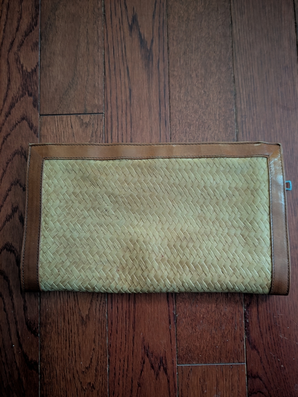 Handwoven Tan Leather Straw Clutch with Brown Trim